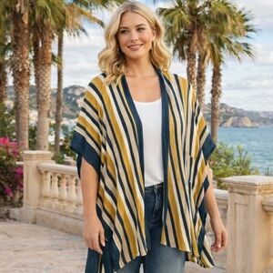 Cleo Universal Fit Striped Open Front Cardigan | Mustard Teal Cream Lightweight